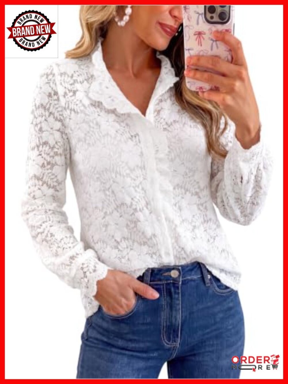 Lace Button Down Shirt Ruffle Collar Long Sleeve Blouse